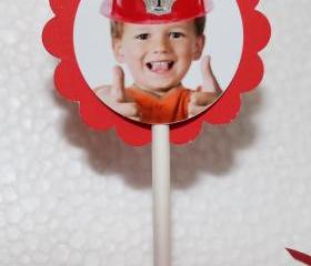 PHOTO PERSONALIZED Fireman Hat Cupcake Party Toppers - Custom