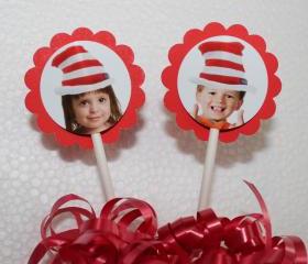 PHOTO PERSONALIZED The Cat in The Hat Inspired Cupcake Party Toppers - Custom